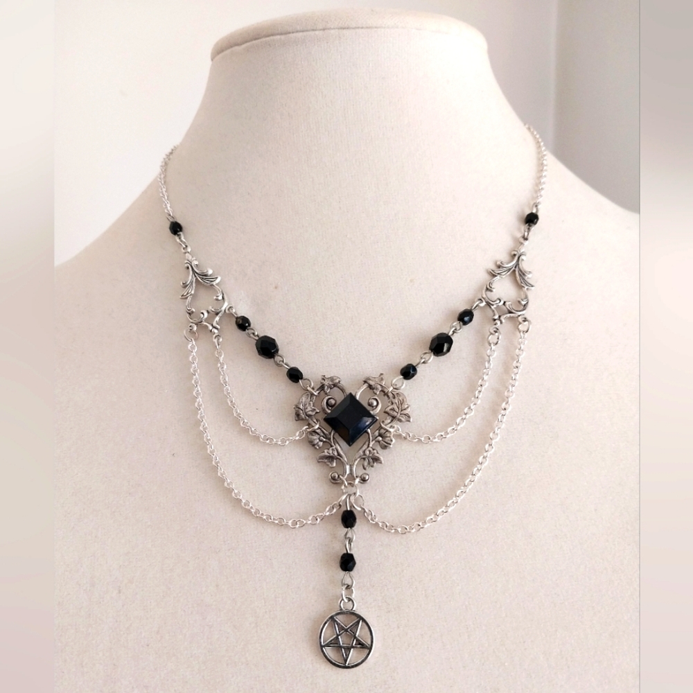 Goth black beaded inverted pentacle pentagram filigree necklace